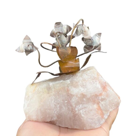 1960s Vintage Metal Flowers On A Pink Stone Mineral Rock Mid Century Figurine - Picture 9 of 10